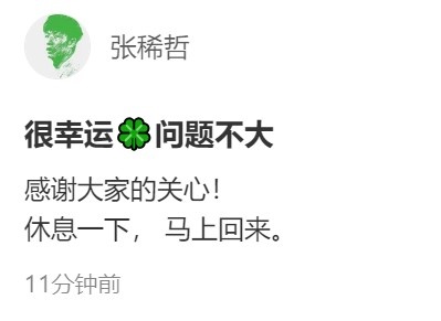 张稀哲无对抗扭伤退场 社媒报平安:问题不大,马上回来 张稀哲无对抗扭伤退场 社媒报平安:问题不大,马上回来