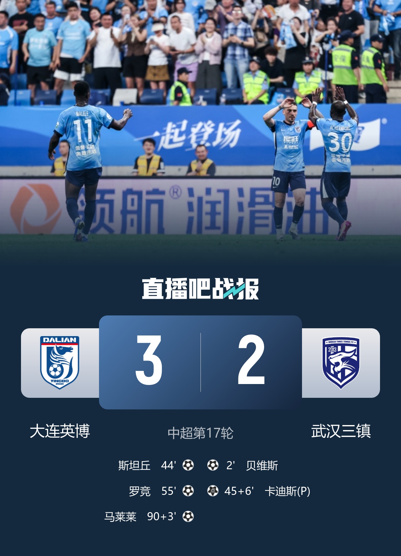 马莱莱补时绝杀 大连英博3-2武汉三镇终结两连败
