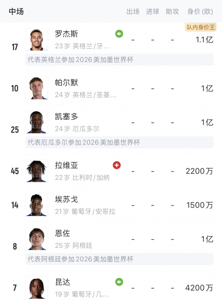 切尔西四中场身价破亿：罗杰斯1.1亿领衔，帕尔默恩佐凯塞多齐平